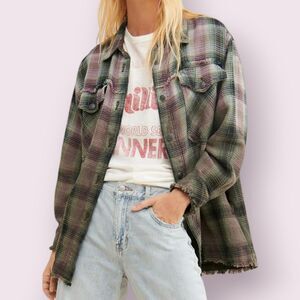 FREE PEOPLE Anneli Plaid Shirt Jacket Size M Waffle Fringe Hem Oversized Boho